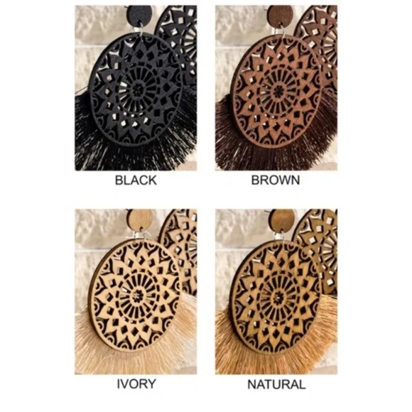Brown Rustic Natural Wood Filigree Round Tassel Boho Bohemian Dangle Earrings - Picture 4 of 4